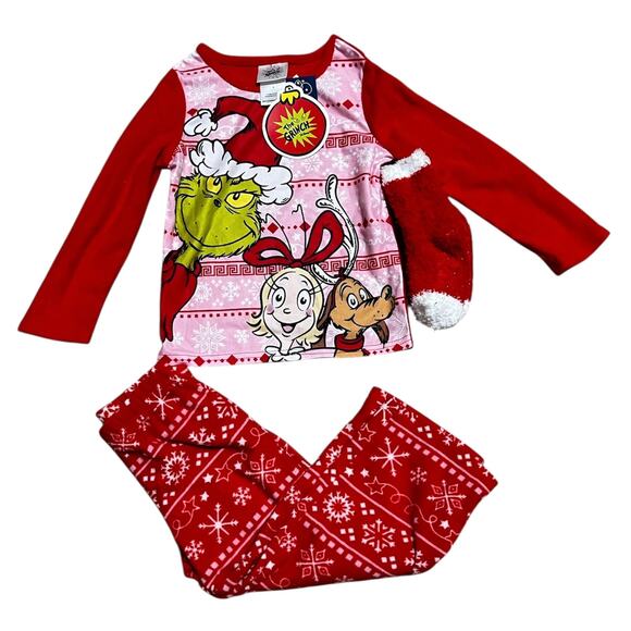 Dr. Seuss’ The Grinch Christmas holidays Toddler 3 Pc Pajama Set Socks Sz 4 Red - Picture 1 of 10